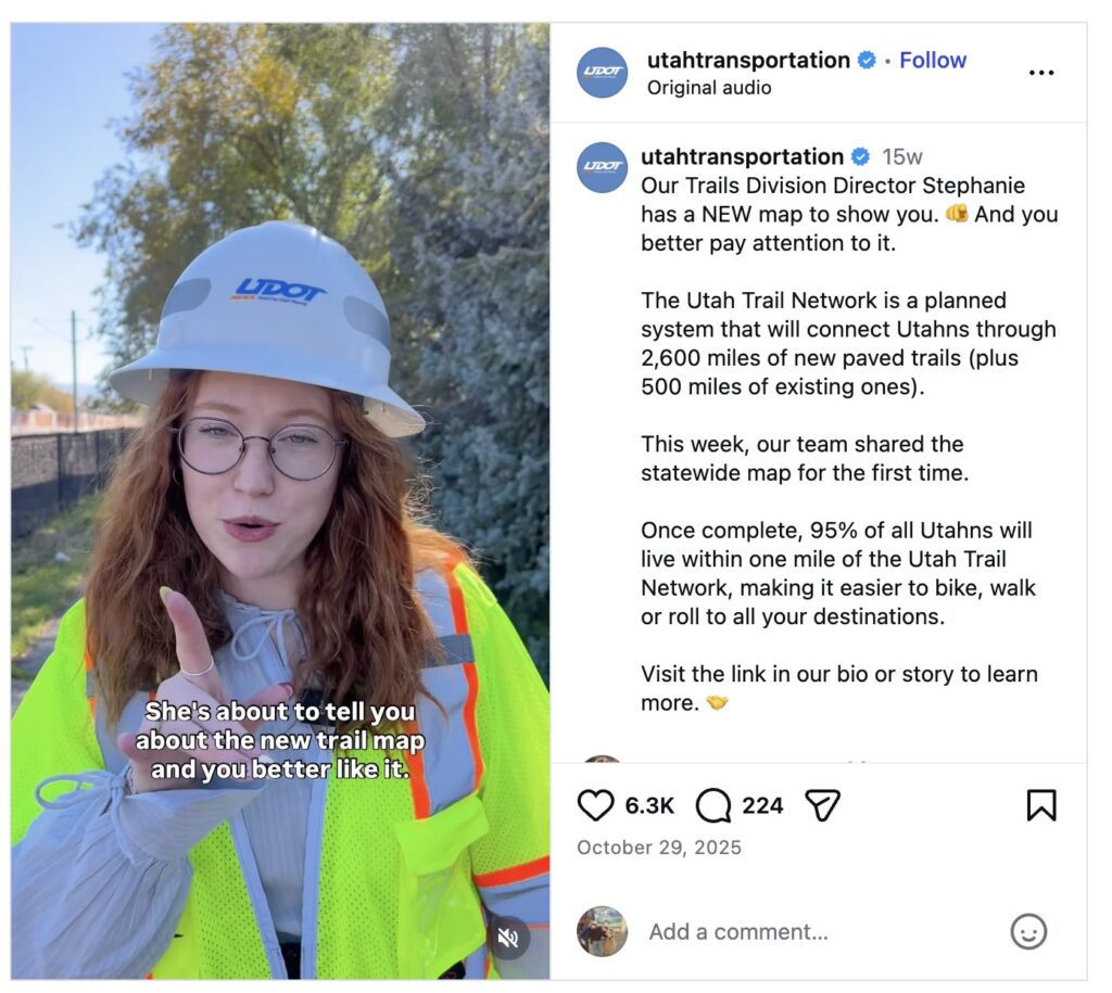 Screenshot of an Instagram post showcasing the Utah Department of Transportation using meme formats and trends to make announcements 
