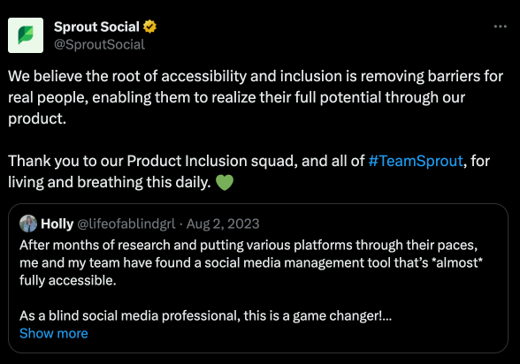 Sprout Social x/Twitter post featuring UGC