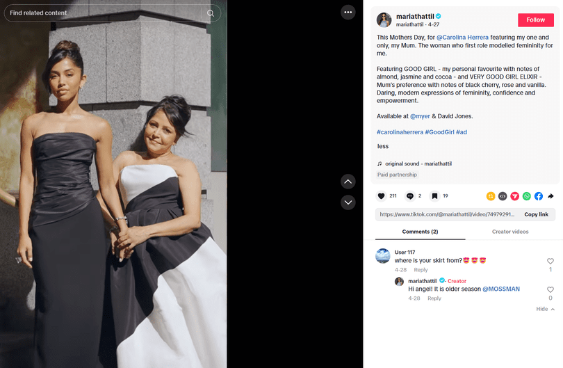 A TikTok post from Maria Thattil in collaboration with Carolina Herrera promoting GOOD GIRL perfume for Mother’s Day.