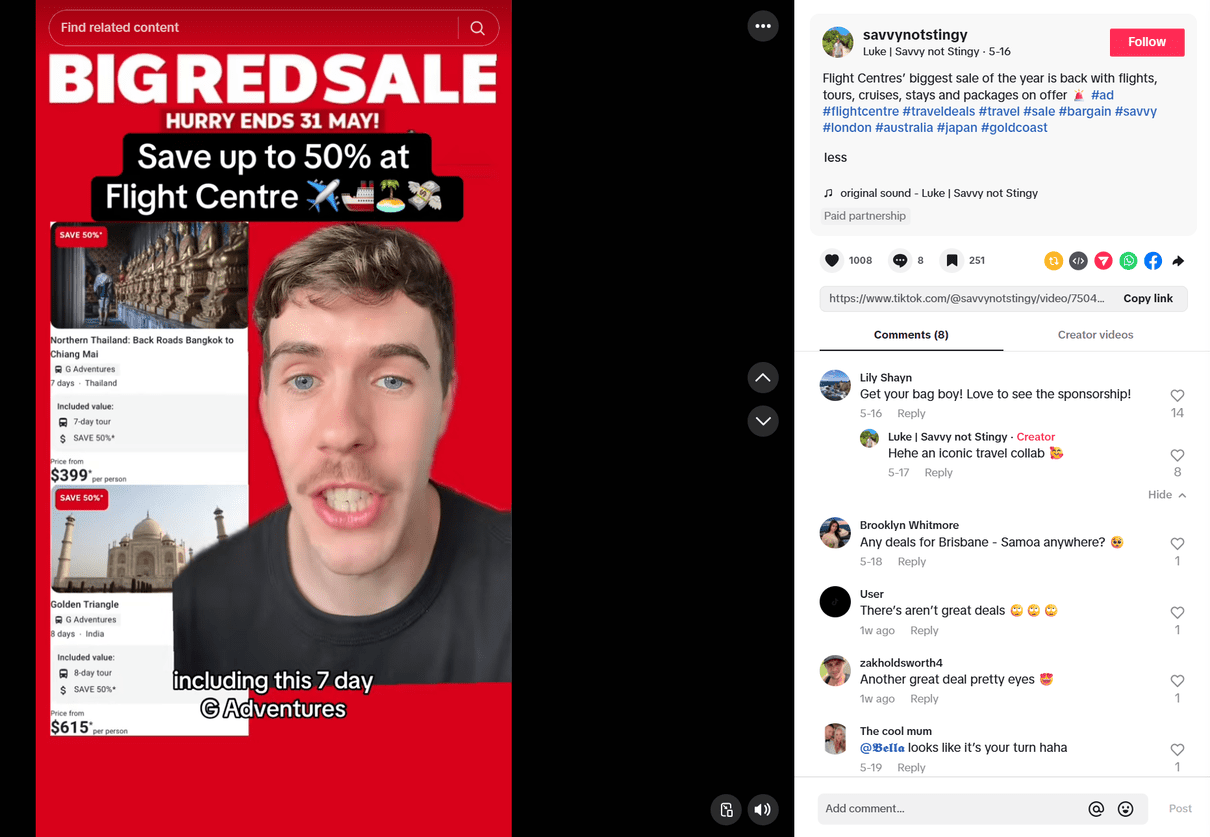 A TikTok post from @savvynotstingy in collaboration with Flight Centre promoting the brand’s Big Red Sale.