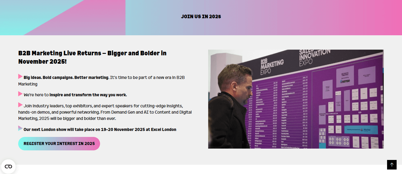 The B2B Marketing Live website promoting its return to the UK in November 2025 