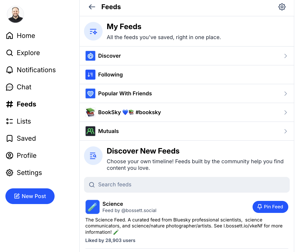 My Feeds page with discovery features, current Feeds and options like Popular With Friends.
