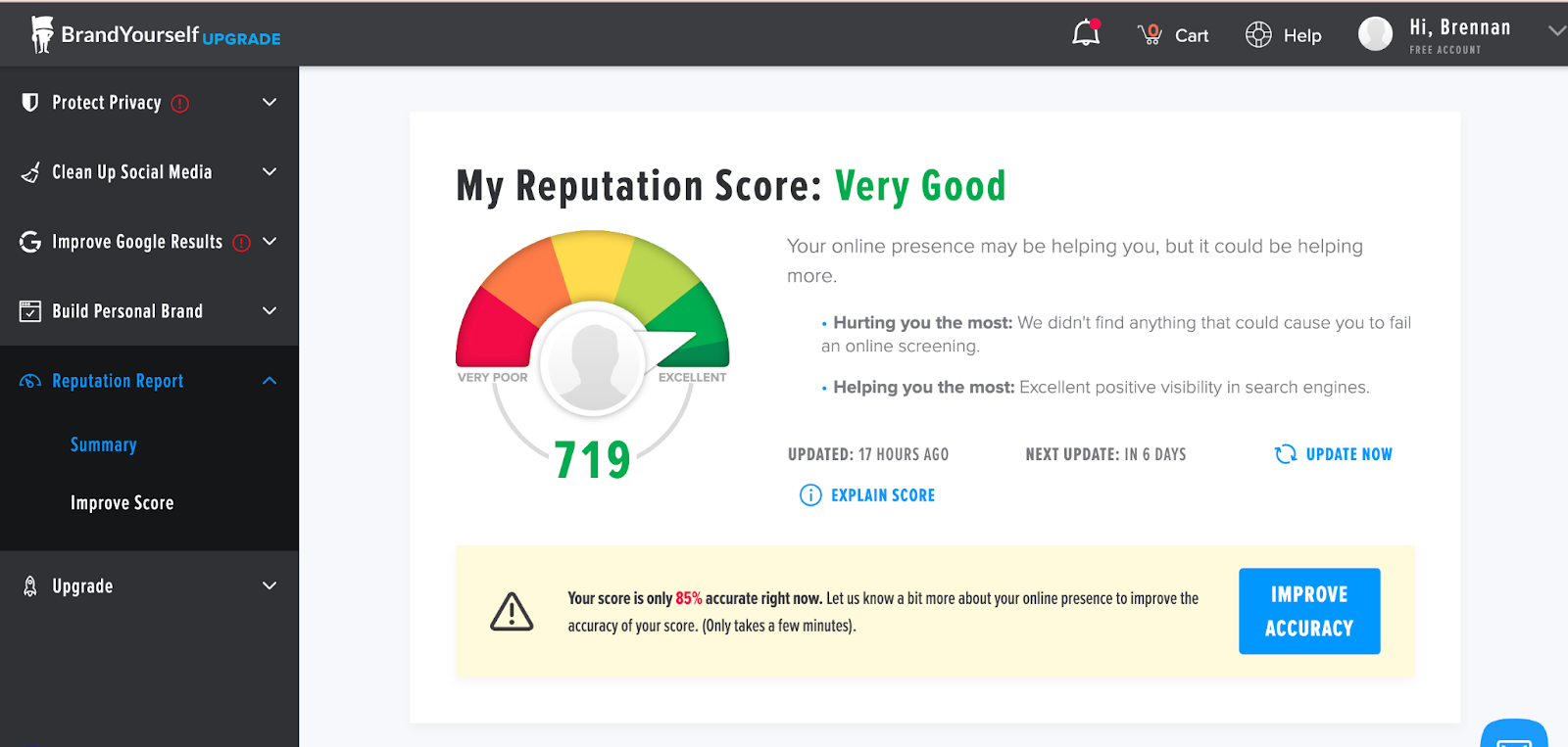 BrandYourself Reputation Score report that shows reputation scores in a color-coded manner