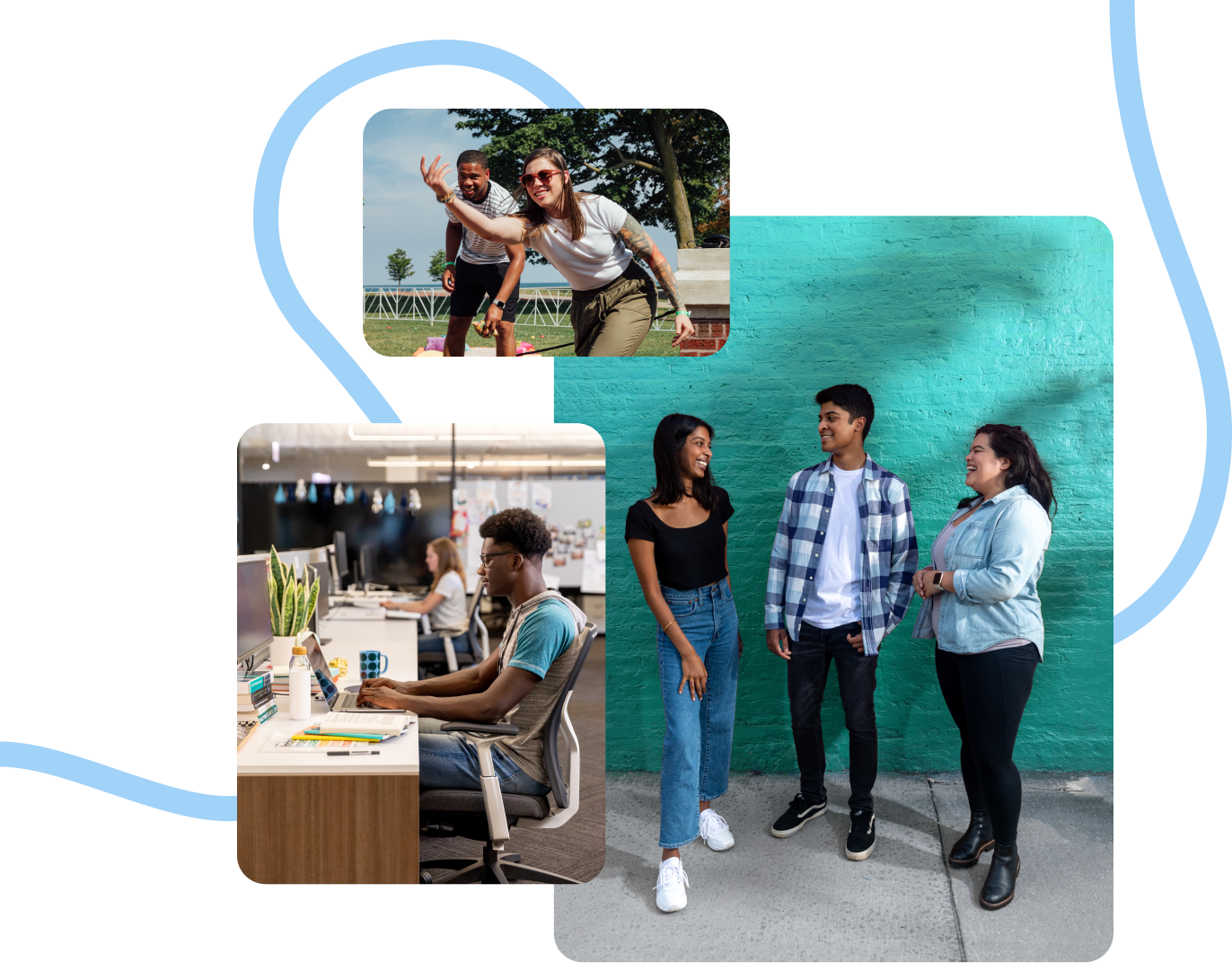 A squiggly line connects a collage of teammates enjoying life in and out of the office.