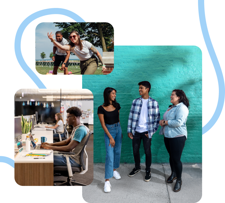 A squiggly line connects a collage of teammates enjoying life in and out of the office.