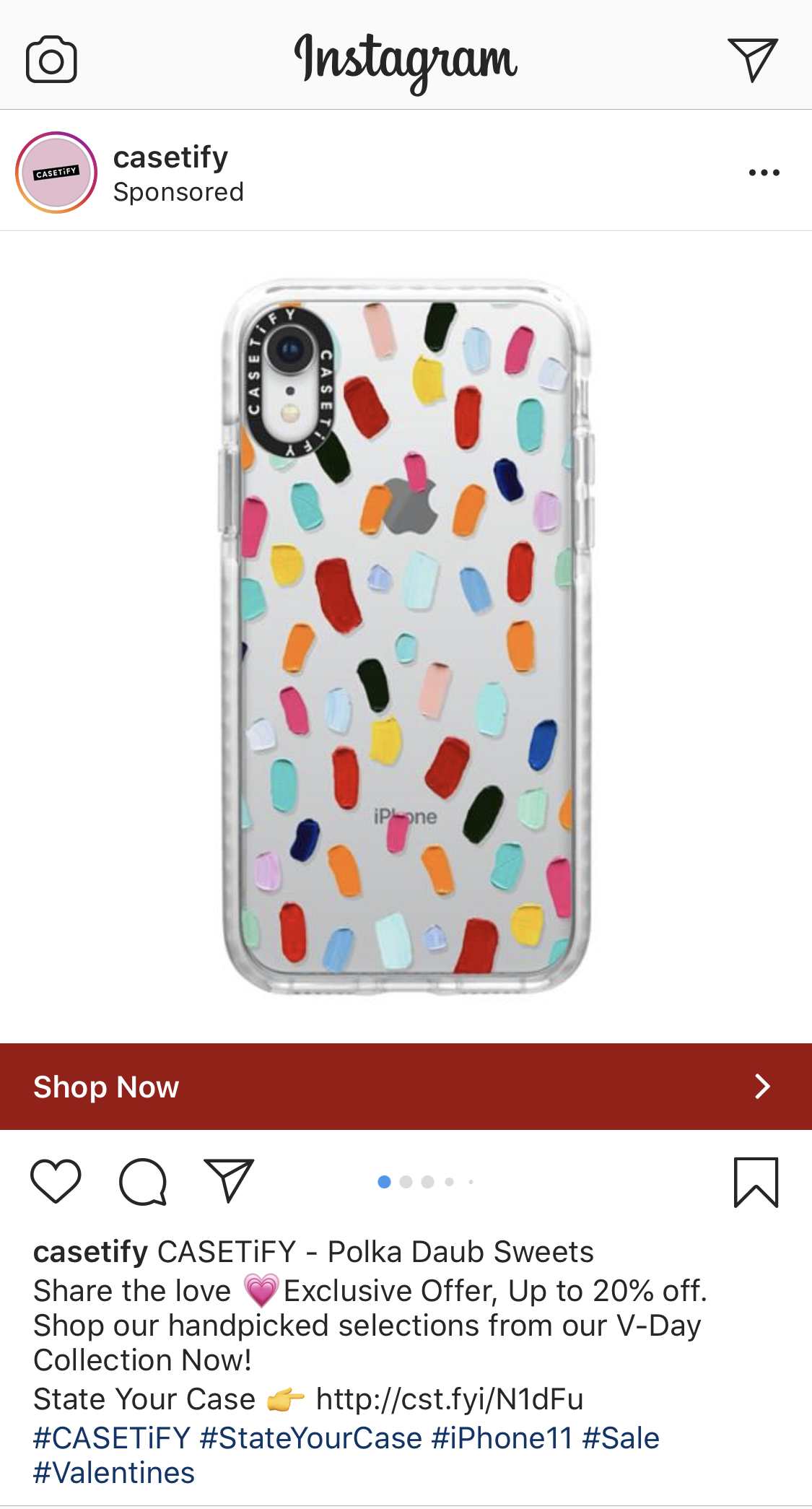 Screenshot of Casetify Instagram ad offering a Valentine's Day discount.