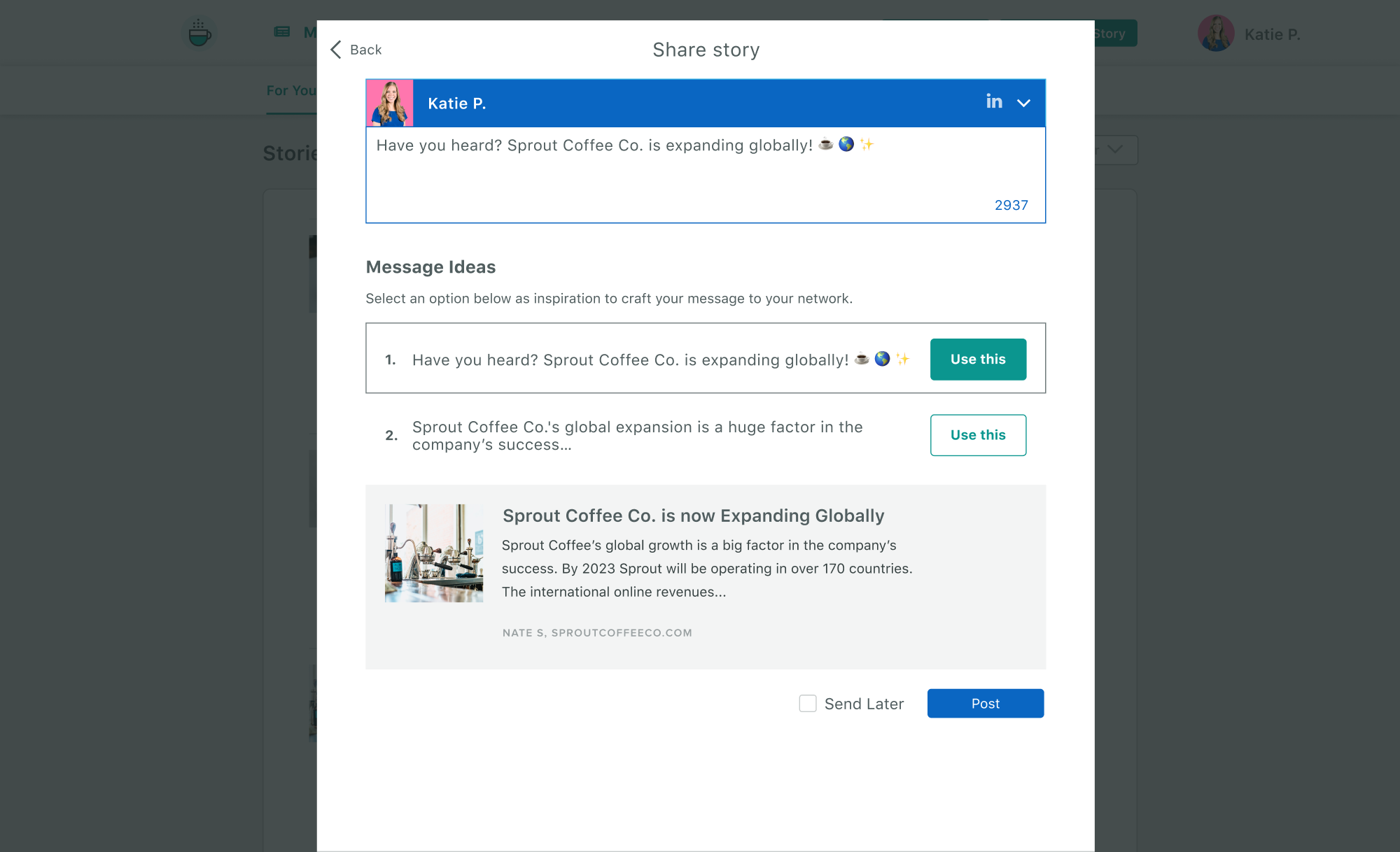 Sprout's Employee Advocacy platform where you can see how posts are curated for employees to share.