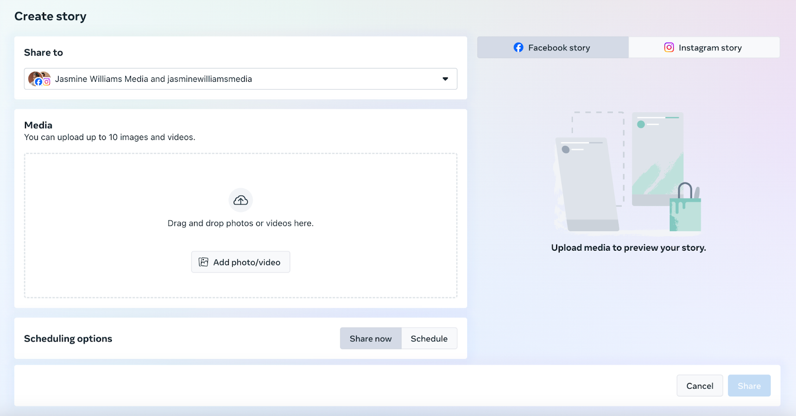 Meta Business Suite’s Story Composer showing Share to, Media, Scheduling and Story Preview features.