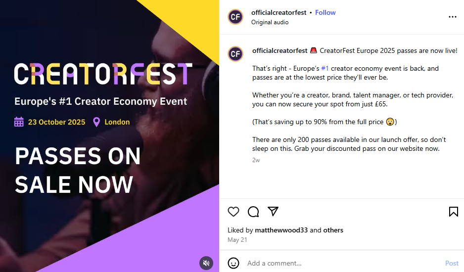 A social post on Instagram promoting sale passes for CreatorFest UK which is held on October 23 2025