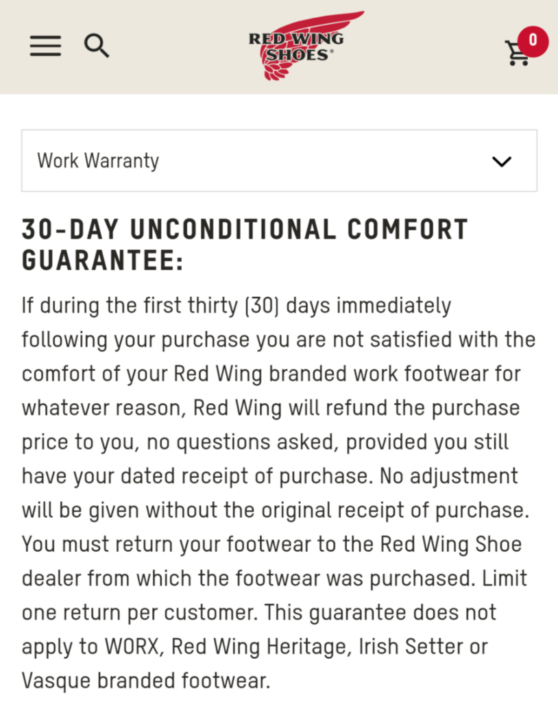 The 30-day guarantee listed on Red Wing Shoes' website.