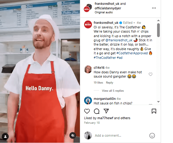 Franks’ RedHot sauce partnering with Danny Dyer on a UK Instagram campaign 