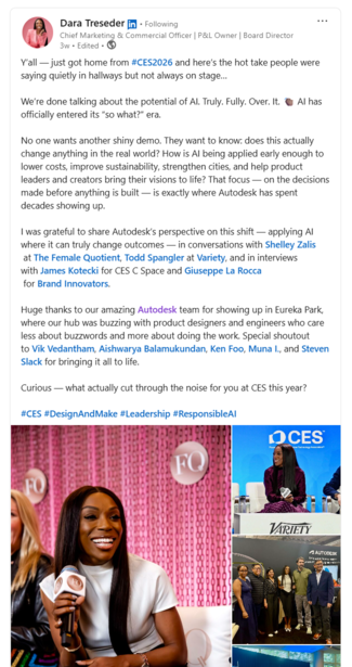A LinkedIn post from Dara Treseder on the current state and future of AI.