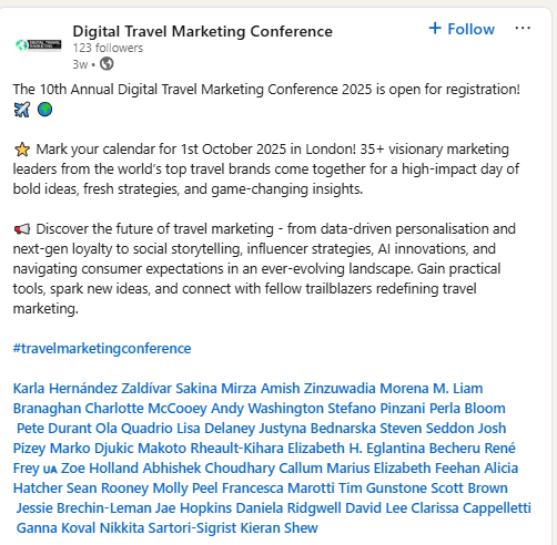 A LinkedIn social post promoting the 2025 Digital Travel Marketing Conference 