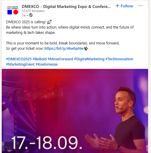 A LinkedIn social post showcasing ticket sales for DMEXCO 2025 which is being held in Cologne September 17-18