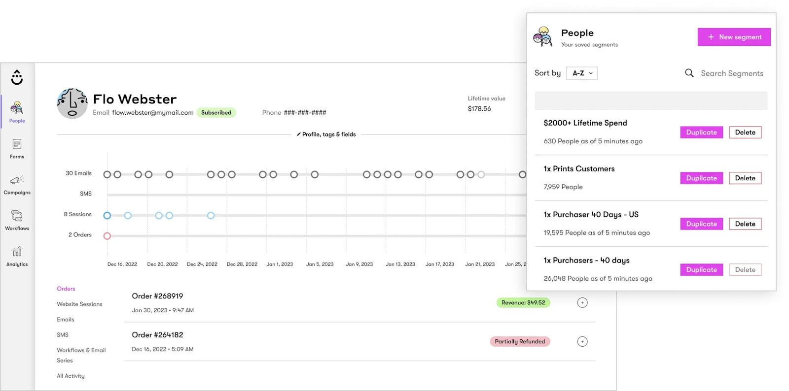 A customer journey and customer segments on Drip. For example, users can specifically target customers with a $2000+ lifetime spend or customers who have made a purchase within the last 40 days.