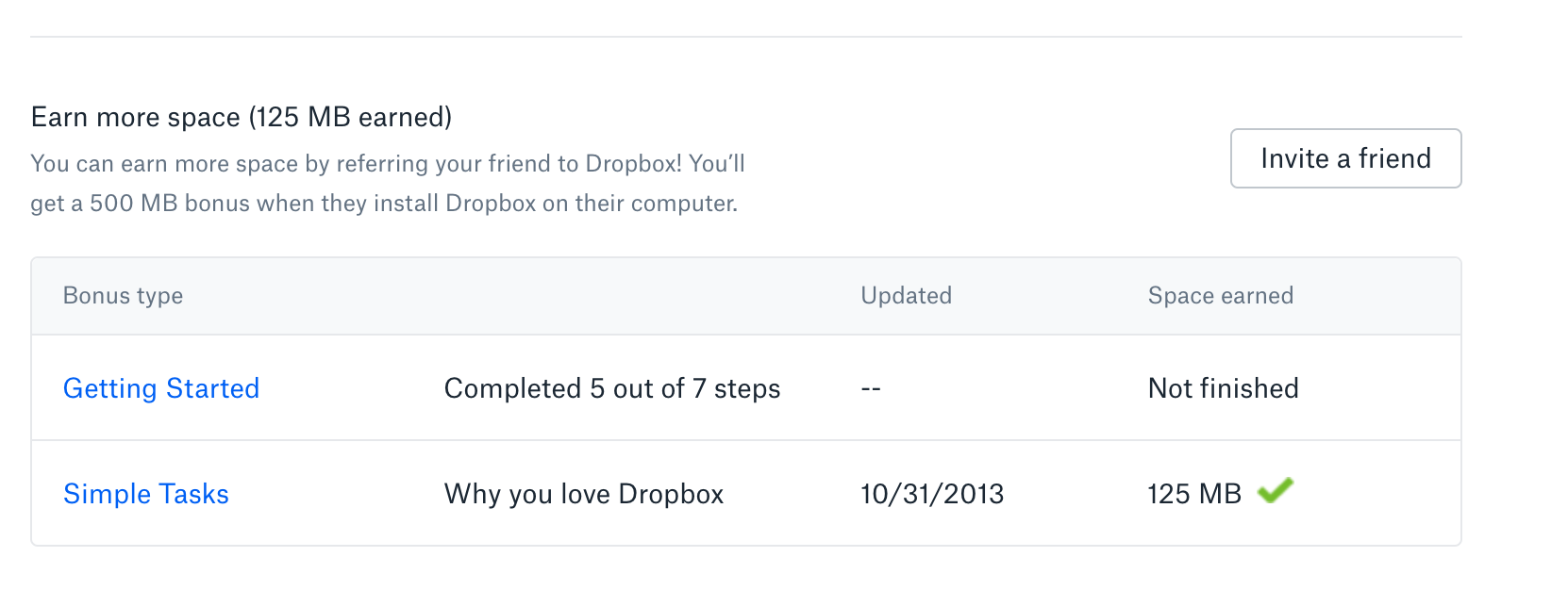 Screenshot of Dropbox's "invite a friend" customer incentive program.