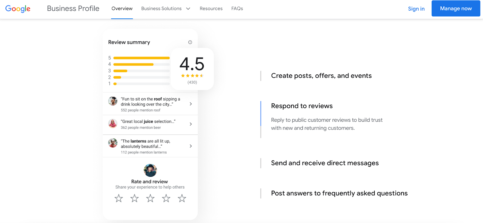 Google Business Profile review summary.