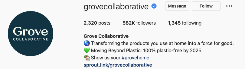 Screenshot of Grove Collaborative's Instagram bio that includes a branded hashtag #GroveHome.