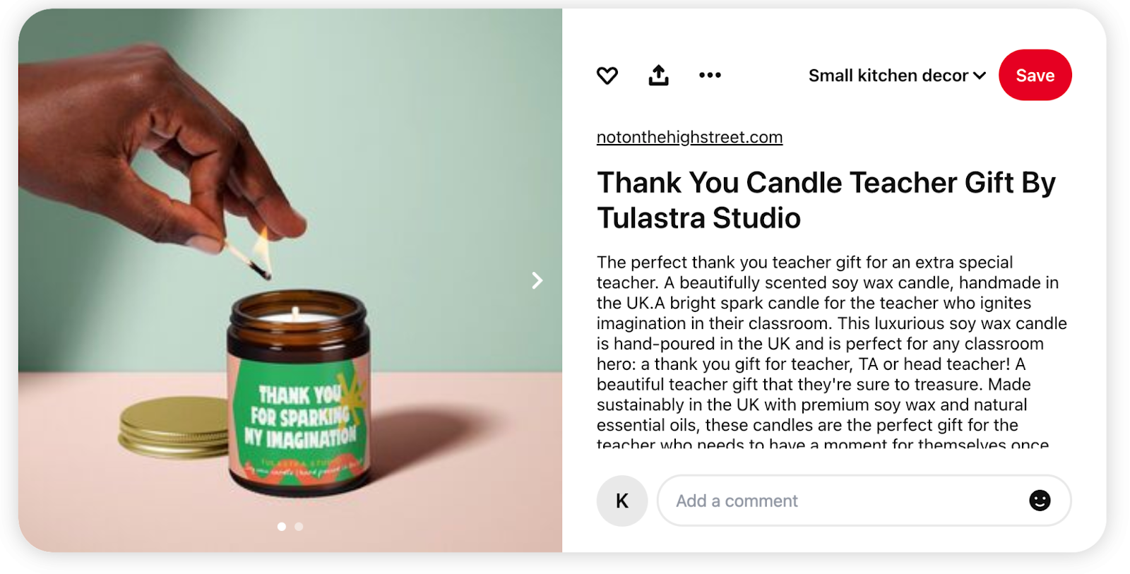 A pin that shows a product image of someone lighting a candle 