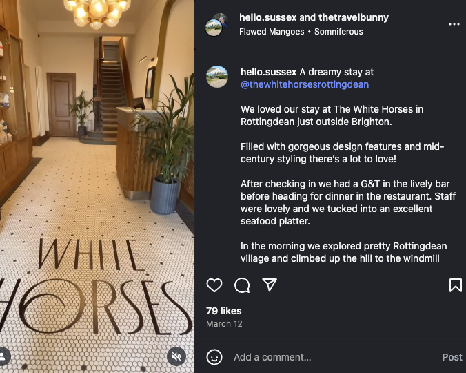 The tiled entrance of The White Horses Hotel in Rottingdean, England, with mid-century decor, warm lighting and wooden interiors.