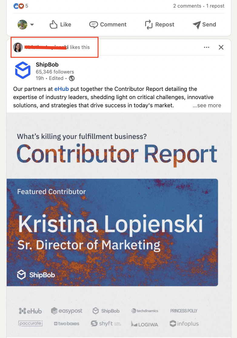 linkedin post from shipbob showing up on linkedin feed with a notice that someone likes the post