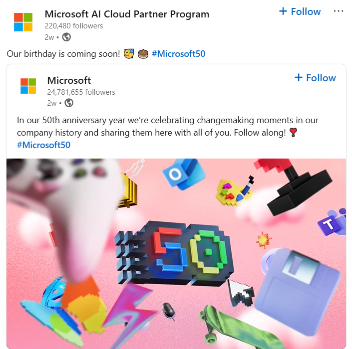 A post from Microsoft's AI Cloud Partner Program LinkedIn account with content customized for this niche audience segment.