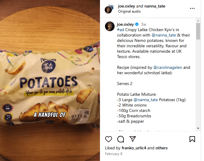 Joe.Oxley and Nanna Tate’s Instagram advert 