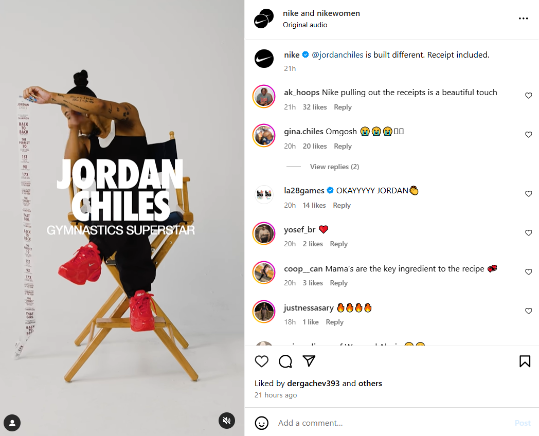 A post on Nike's Instagram account dedicated to women in sports. Jordan Chiles is shown in the Reel. 