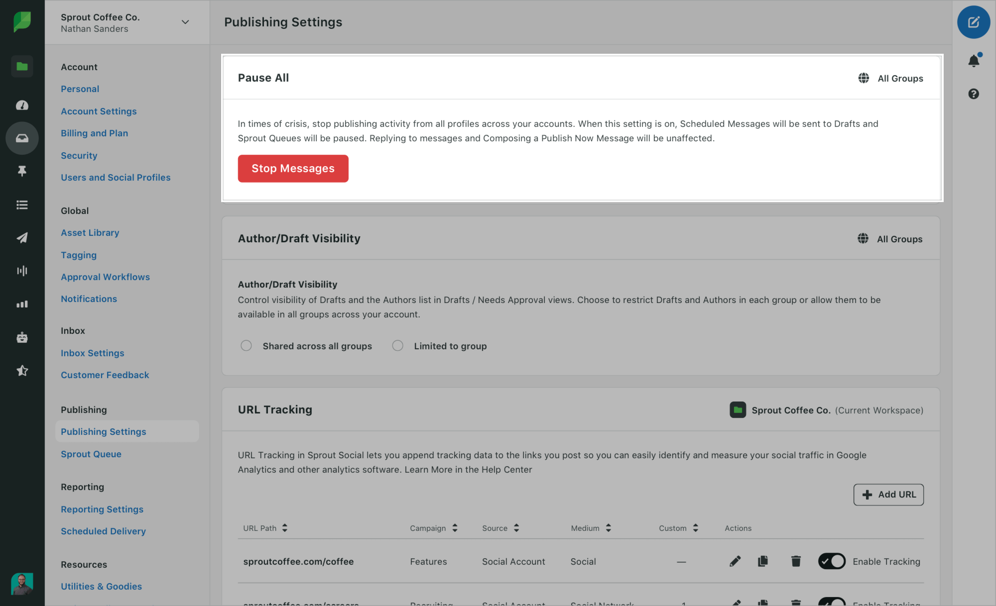 Sprout's Pause All feature lets you pause all social posts