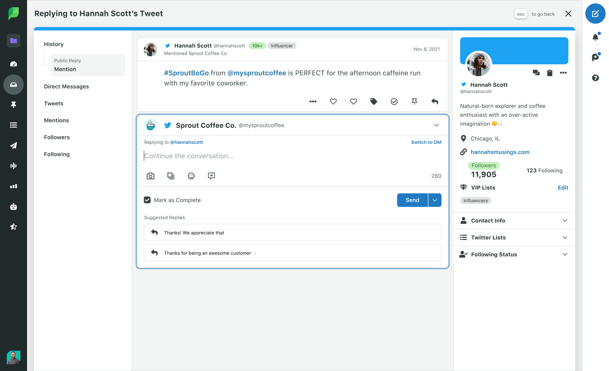 A screenshot of the customer information available in Sprout Social when replying to customers and contacts.