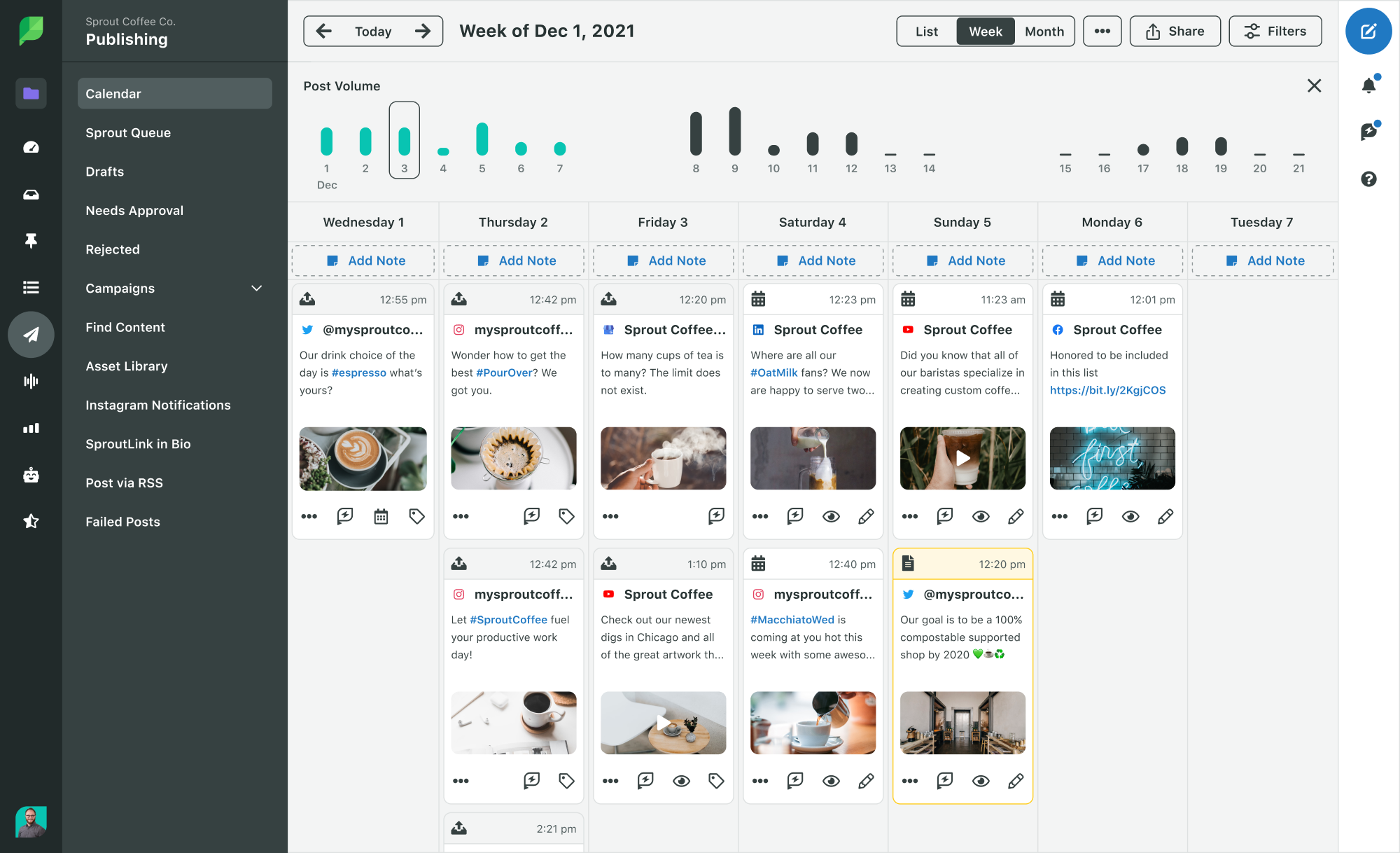 Sprout Social publishing calendar showing sample content laid out for an entire week