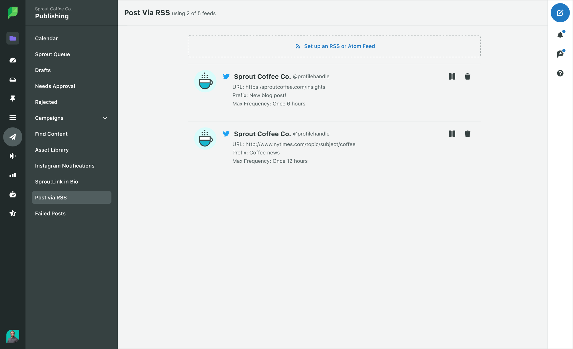 The Post via RSS tab of the Sprout Social web app, which allows users to manage RSS feeds directly within Sprout.