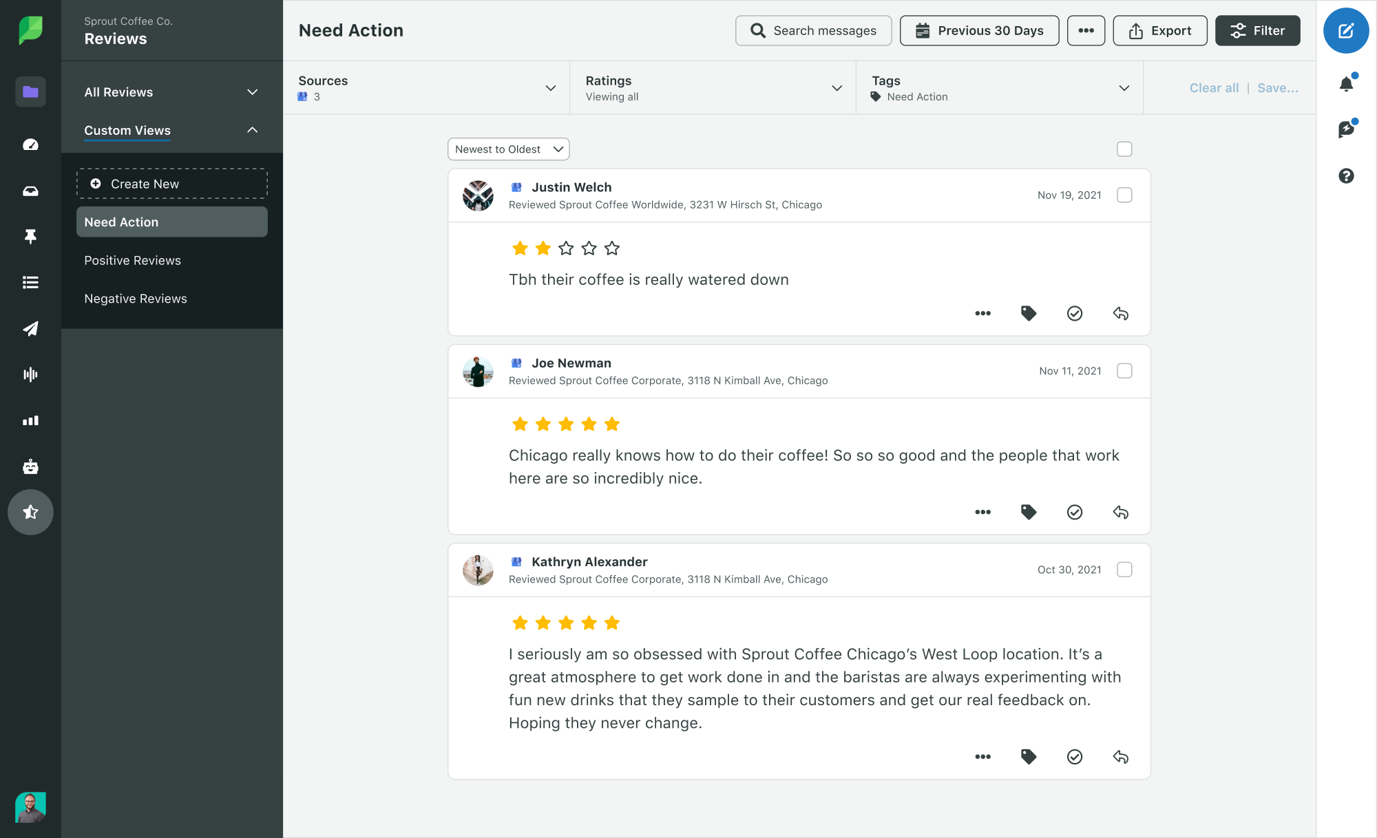 A screenshot of Sprout Social’s review management feature that shows you review sentiment from different sources and which you can filter by tag.