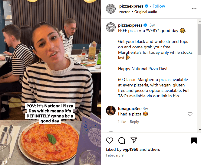 Pizza Express’ National Pizza Day free pizza Instagram campaign 