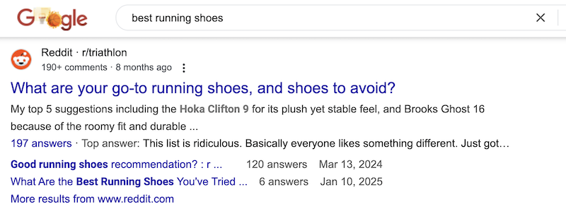 A reddit discussion showing up for a Google search result for the term "best running shoes"