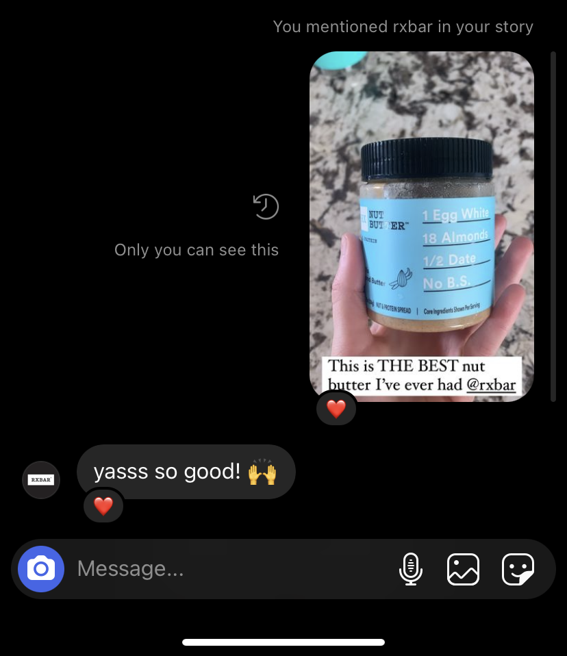 RX Bar responds to a fan in their Instagram DMs