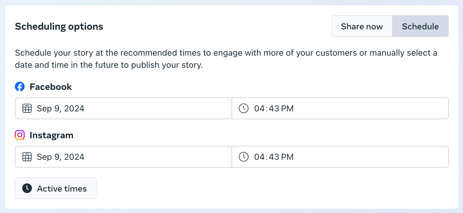 Facebook and Instagram scheduling options in Meta Business Suite’s Story Composer.