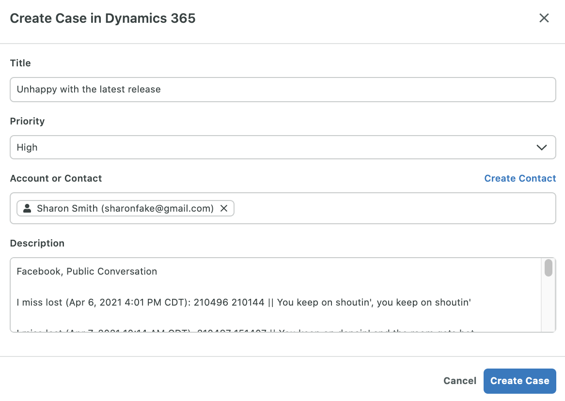The Create Case in Dynamics 365 window open in Sprout Social, which allows users to create customer service cases in Microsoft Dynamics 365 through Sprout Social.