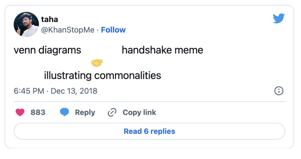 A tweet from a Twitter user named Khan Stop Me with text that says, venn diagrams, handshake emoji, handshake meme in one line. Under the handshake emoji is the text illustrating commonalities. 