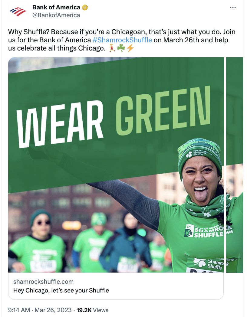 Bank of America Tweet about the Shamrock Shuffle, a Chicago-based race they sponsor every year.