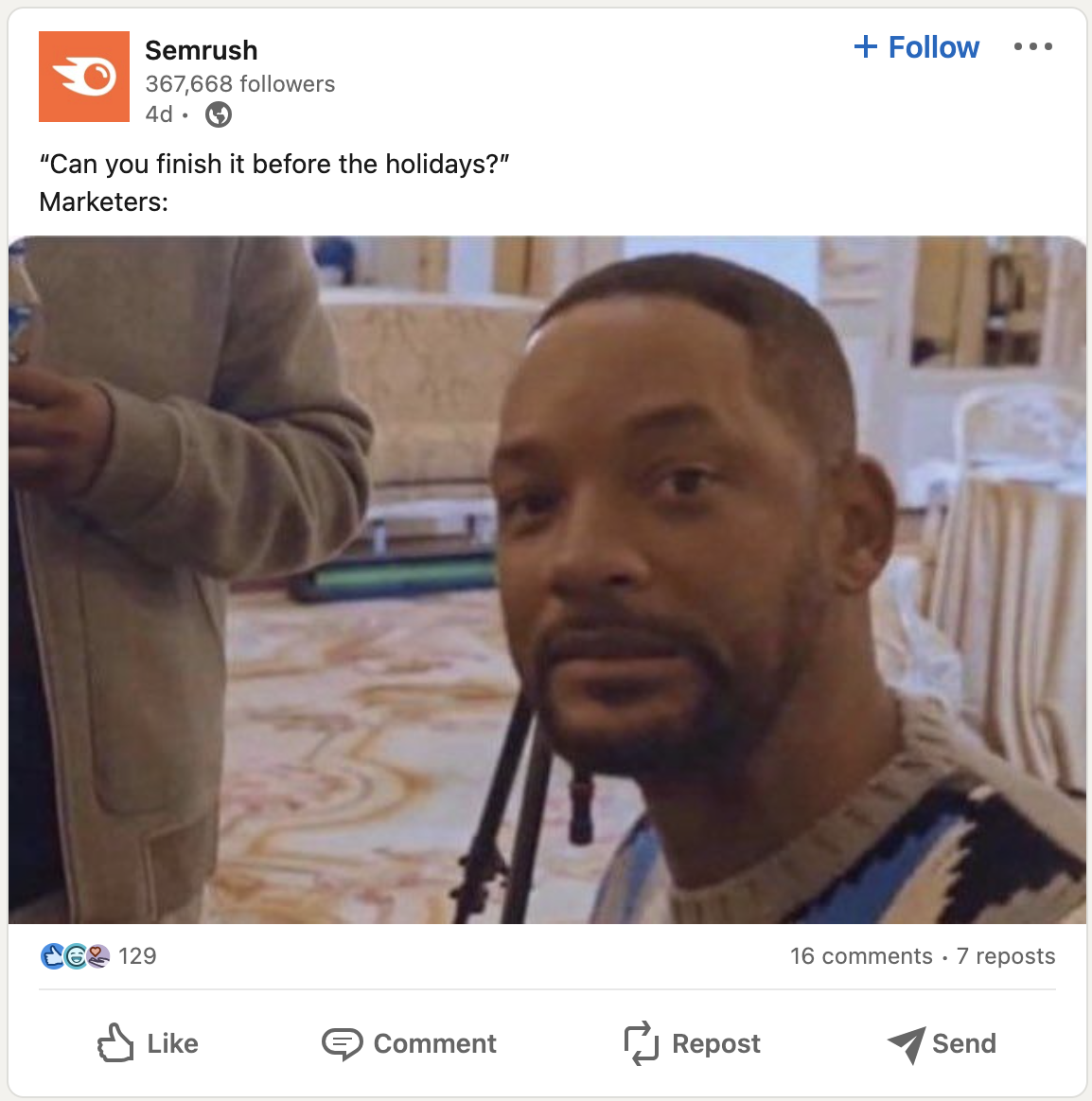 A screenshot of a LinkedIn post from Semrush