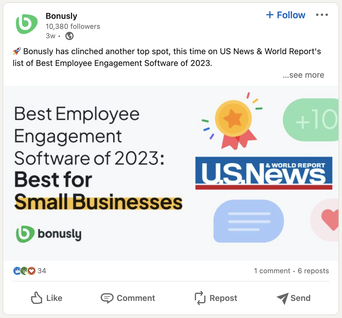 A screenshot of a LinkedIn post from Bonusly