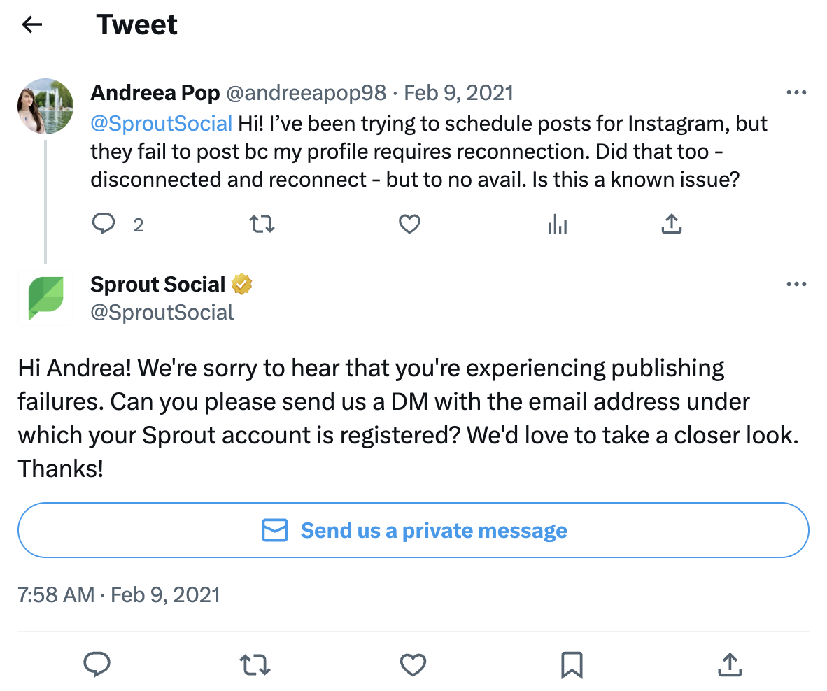 Twitter post of customer service team responding to a Twitter message