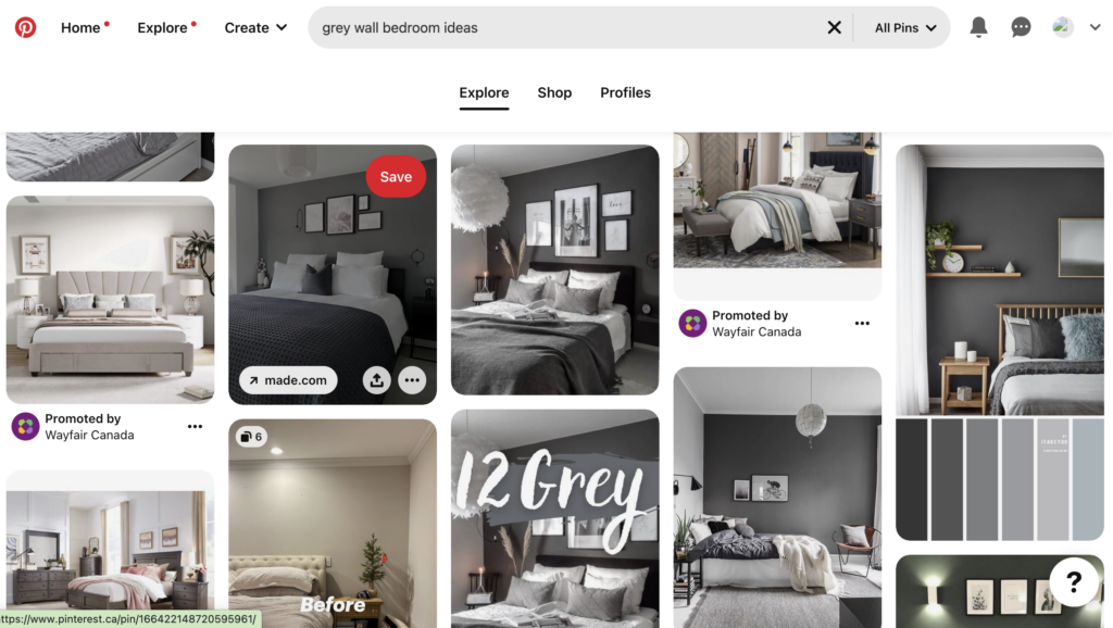 Screenshot of Pinterest pins of gray-walled interior designs
