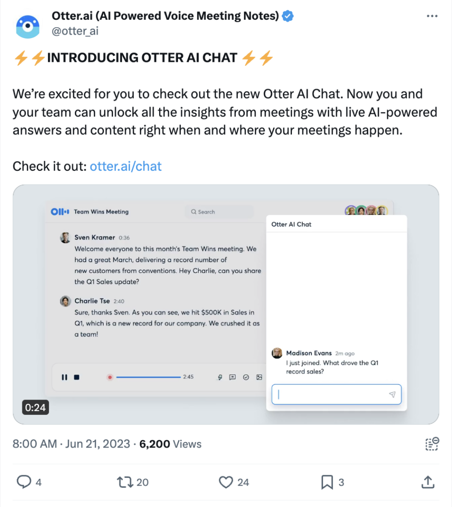 An X/Twitter post from Otter.ai announcing Otter AI Chat.
