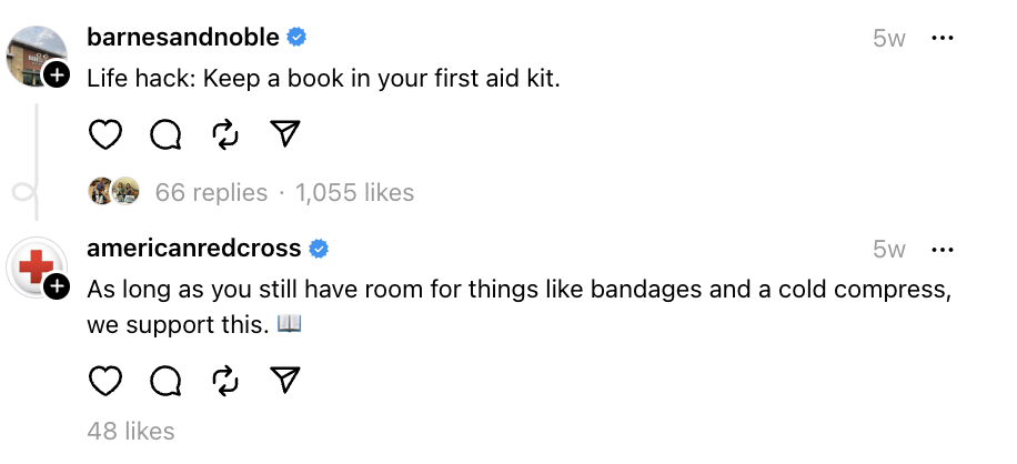 The American Red Cross replying to Barnes and Noble on Threads. 
