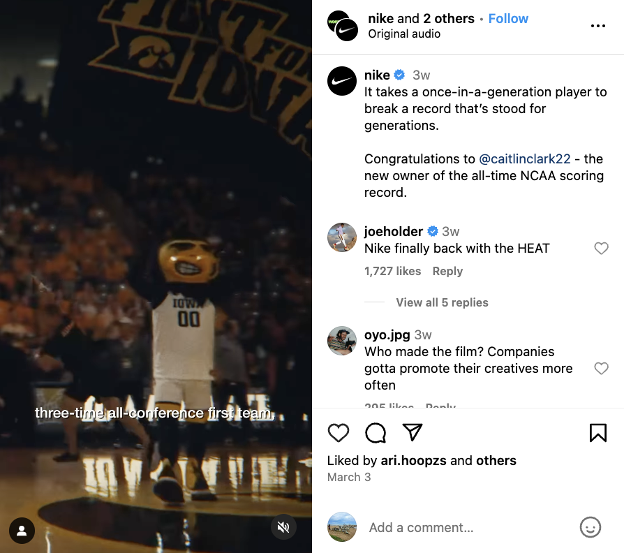 Nike’s Instagram page showing a video of Caitlin Clark and some comments.