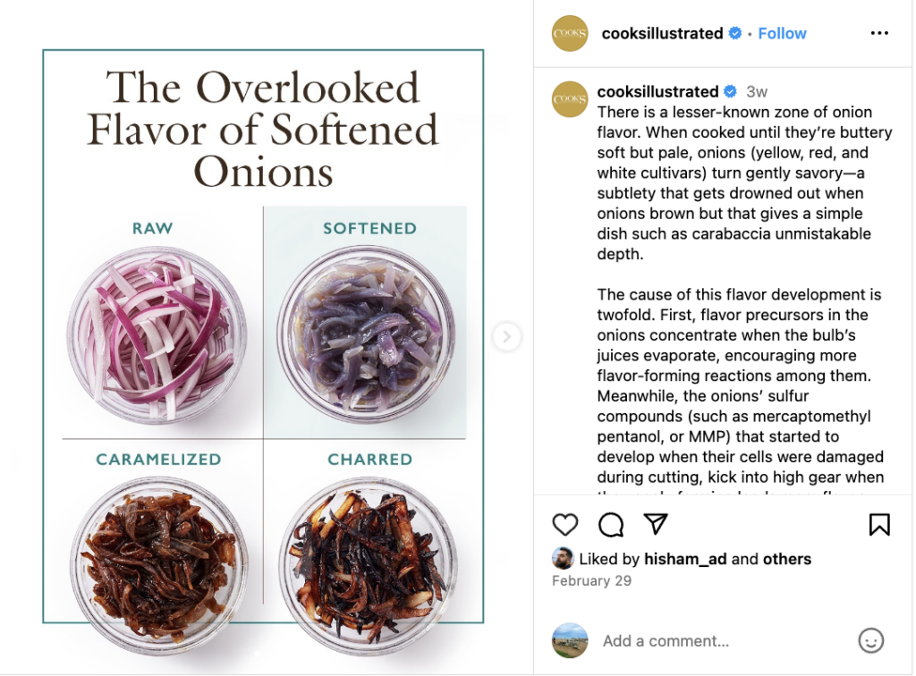 Cook’s Illustrated Instagram page featuring an image titled “The overlooked flavor of softened onions” and photos of onions cooked four different ways.