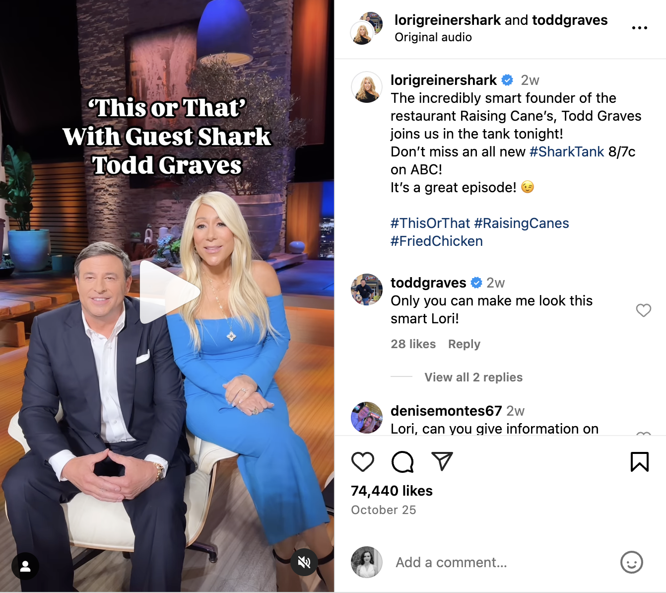 An Instagram post from Todd Graves (CEO of Raising Cane's) and Lori Greiner from the set of Shark Tank
