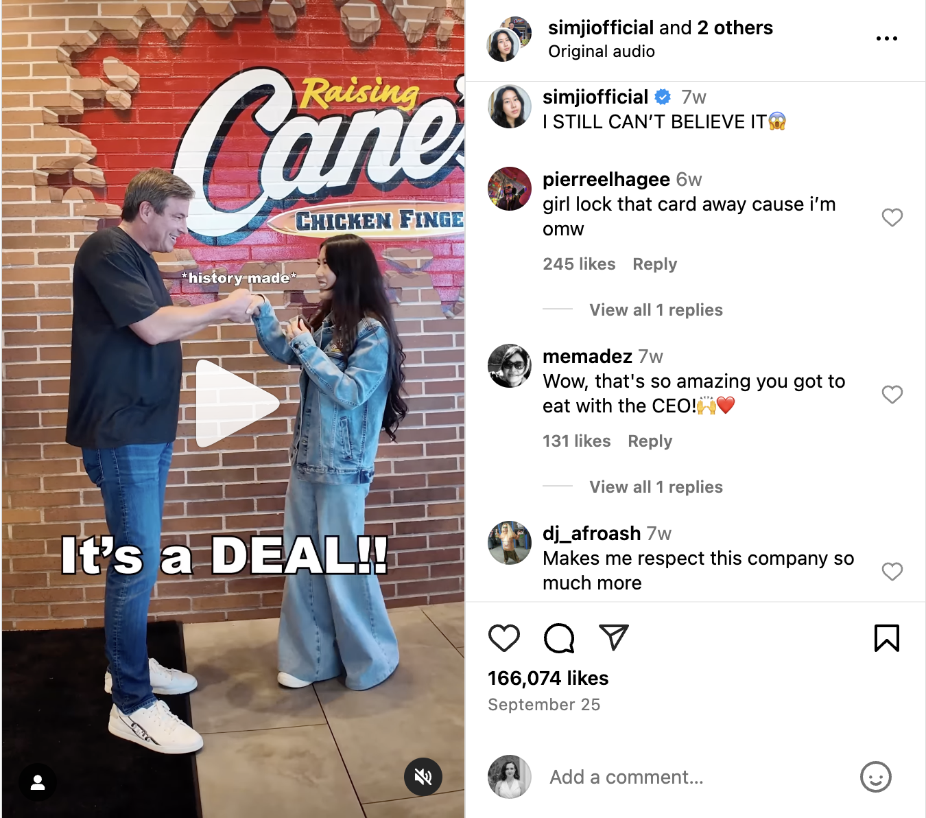An Instagram post from Todd Graves, CEO of Raising Cane's, and creator Simji Official sharing a signature chicken meal